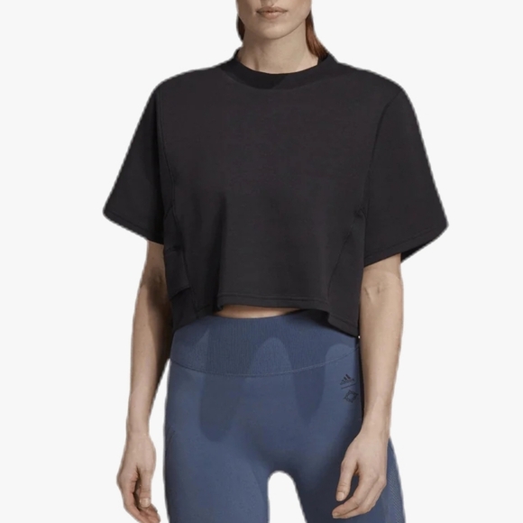 Adidas Cropped Wanderlust Thick Short Sleeve Black Shirt Sz Small Side Pocket - Picture 11 of 13